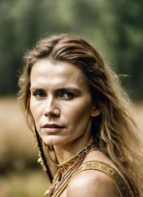 A stunning intricate full color portrait of (35 years old sks woman:1) as (viking warrior woman), (barbarian), epic character composition, by ilya kuvshinov, alessio albi, nina masic, sharp focus, natural lighting, subsurface scattering, f2, 35mm, film grain, <lora:locon_katarzyna_v1_from_v1_64_32:1.3>