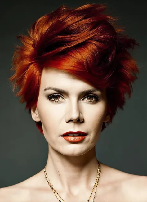 analog style, modelshoot style, portrait of sks woman by Flora Borsi, style by Flora Borsi, bold, bright colours, orange Mohawk haircut, ((Flora Borsi)), <lora:locon_olga_v1_from_v1_64_32:1.3>