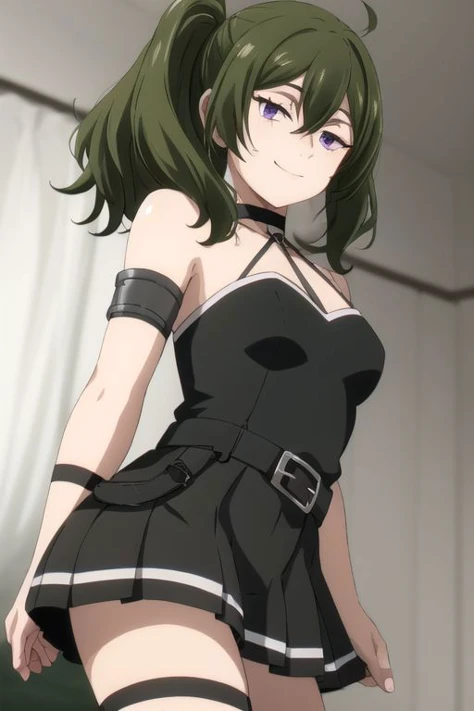 2d anime style, simple shading, no highlight, ((best quality)),((highly detailed)),masterpiece,absurdres,detailed face,beautiful face,(detailed anime eyes, deep eyes),1girl,((dynamic pose)), <lora:animemix_v3_offset:0.8>, detailed character, hand shot pose, cowboy shot, upper body, show her whole body, looking at viewer or camera, below, detailed castle background, day, :>, blurry, breasts, Aissist-supercharge, AissistV2, ubel, medium hair, hair between eyes, green hair, side ponytail, (purple eyes:1.1), skirt, gloves, dress, bare shoulders, pleated skirt, sleeveless, black gloves, elbow gloves, belt, miniskirt, black skirt, black footwear, (black dress:1.5), thigh strap, sleeveless dress, halterneck, armband, single glove, black belt, pleated dress, arm strap, good hands pose, legs, sexy, smile, standing,