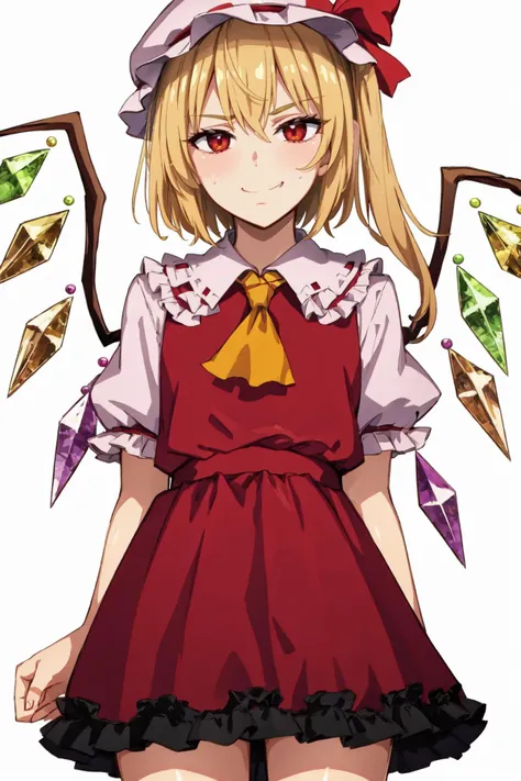 (1girl, one girl), (solo:1.3), (flandre_scarlet:1.3), blonde_hair, red_eyes, (smug:1.3), BREAK
standing, thighs, flat_chest, BREAK
red frilled_dress, BREAK
(white_background, simple_background:1.3), BREAK
best quality, masterpiece, detailed background, highly detailed, intricate, detailed face, long eyelashes, detailed eyes, <lora:Harayutaka-LyCoris-V2:1> <lora:hadanuri1:-1>