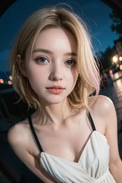 (masterpiece, high quality, night, dark shot, low key, fisheye:1.3), close-up portrait, solo, a cute girl, (european, golden hair, 18 years old:1.3), sexy, pure innocence, (light smile:0.8), whore vibe, in love, simple white dress, epic night sky, detailed natural skin texture, seductive gaze, natural lighting, shallow depth of field, romantic setting, dreamy pastel palette, whimsical details, captured on film, nsfw