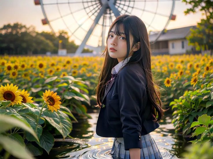 Abandoned,(ruins),(Ferris wheel),(flooded),japanese high school girl,JK uniform,(school uniform),short skirt,photography,Portrait photography,clear,sharp,Photorealistic portraits,4k,high quality,masterpiece,high res,<lora:jk fashion_v2:1>,jk fashion,fantasy,night,light,sunflower field,happiness,