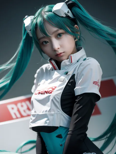 (racing2022:1.5),<lora:hatsunemiku1-000006:0.8>,simple background,smooth,lighting,Atmosphere,soft light,high res,4k masterpiece,high quality,
