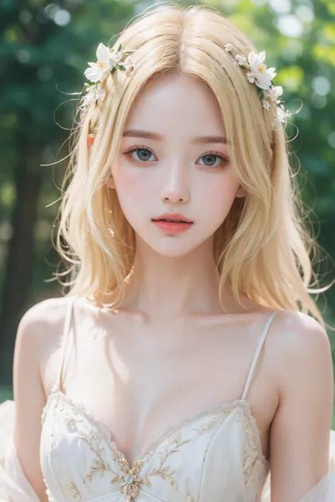 8K, RAW photos, Fujifilm, Fashion photo of a beautiful young woman Avril Lavigne in a light pink rose garden (Very delicate skin: 1.2) Style - Petal BREAK Short Hair, Blonde, Wearing a dress, Film granulation, 35 mm, Cute style
