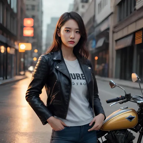 Wearing A leather Jacket standing beside motorcycle, hyper realistic lifelike texture dramatic lighting unreal engine trending on art station, award winning photo, nikon RAW photo,8 k, Fujifilm XT3,masterpiece, best quality, realistic, photorealistic, ultra detailed, extremely detailed face, solo,1girl,