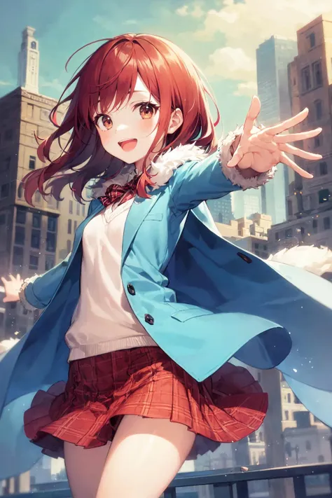 1 girl, best quality, ultra detailed, (minor:1.2), round eyes, 
happy, :d, medium breast, 
red hair, medium hair, , , 
Isometric, cowboy shot, outstretched arms, 
primary colors fur-trimmed coat, desaturated plaid skirt, 
in the distant future