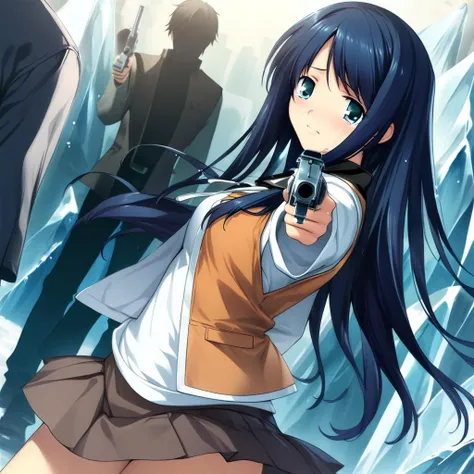 (masterpiece),(best quality),(ultra-detailed),(best illustration),(best shadow),(absurdres),(detailed background),(very aesthetic), Natsuki Kuga, standardoutfit, 1girl, weapon, solo, long hair, blue hair, blue eyes, hands holding holding, weapon, gun, pistol, icy background, ice, skirt, vest, aiming at viewer, crying, tears, sad, <lora:NatsukiKugav1:1>