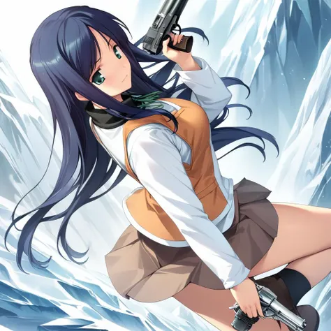 (masterpiece),(best quality),(ultra-detailed),(best illustration),(best shadow),(absurdres),(detailed background),(very aesthetic), Natsuki Kuga, standardoutfit, 1girl, weapon, solo, long hair, blue hair, dark green eyes, hands holding holding, weapon, gun, pistol, icy background, ice, skirt, vest, <lora:NatsukiKugav1:1>