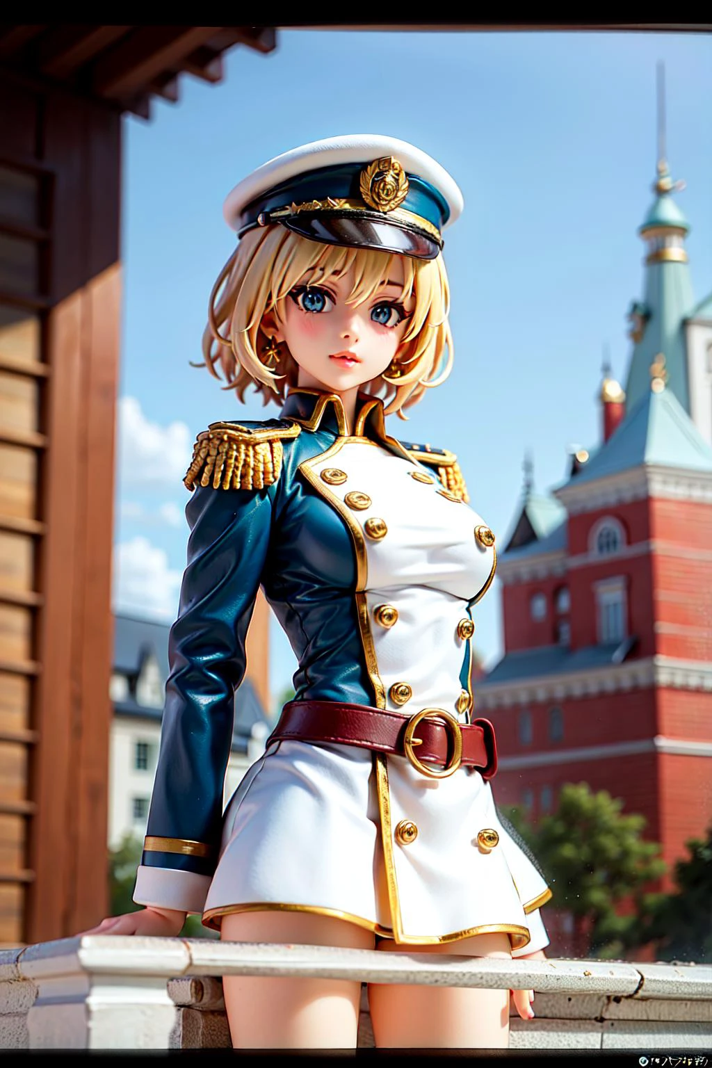 castle balcony,1girl, blonde_hair, blue_eyes, breasts, building, buttons, cloud, earrings, epaulettes, flower, hat, jewelry, letterboxed, lips, looking_at_viewer, medal, military, military_uniform, short_hair, sky, solo, uniform