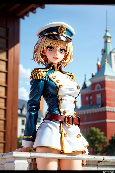 castle balcony,1girl, blonde_hair, blue_eyes, breasts, building, buttons, cloud, earrings, epaulettes, flower, hat, jewelry, letterboxed, lips, looking_at_viewer, medal, military, military_uniform, short_hair, sky, solo, uniform