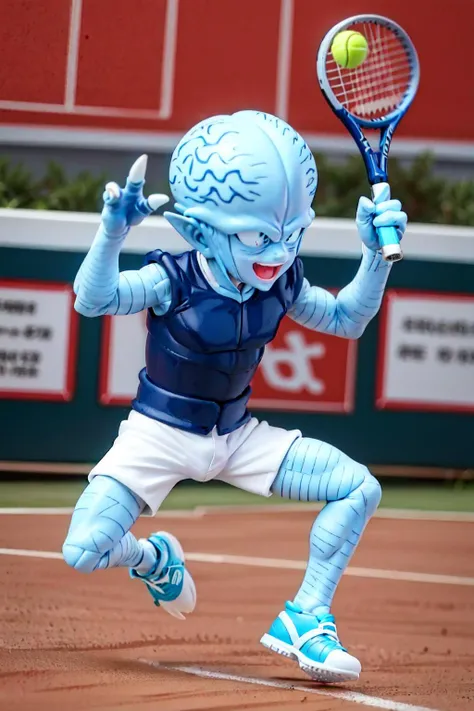 saibaimen, alien, (AS-YoungestV2:1.2),(light blue skin:1.3), light blue sclera,white claws, claws, playing tennis, white shorts, white t-shirt, short sleeves, tennis court, white visor,happy, white tennis shoes, (best quality, masterpiece) <lora:saibaimen_v1:1>