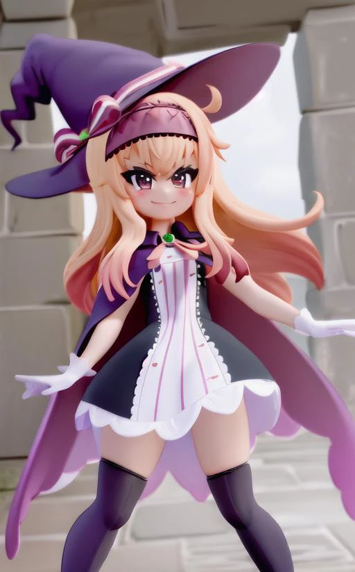 nobeta, witch hat, dress, cape, white gloves, thighhighs, smug, view from below, in front of a medieval castle <lora:NobetaV2:1> <lora:Mantis_Style:.8>