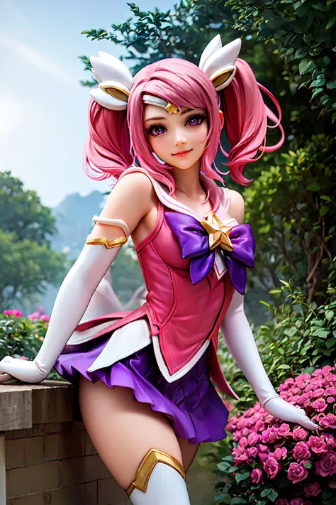 masterpiece, best quality, (illustration, realistic),dramatic light,
solo, 1girl, star guardian \(league of legends\),
star guardian lux, lux, pink hair, thigh, twintails, short hair, smile, 
elbow gloves, hair ornament, tiara, purple skirt, 
garden, sunlight,
<lora:starguardianlux:0.9>
 <lora:breastsizeslideroffset:0.2>