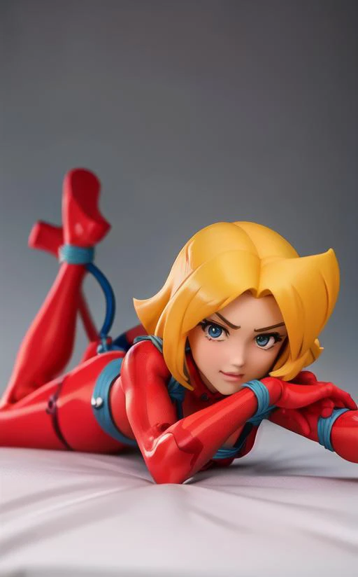 clover \(totally spies\), blonde hair, short hair, blue eyes, red bodysuit, belt, laying on a bed, shibari, blue rope, embarrassed <lora:brj-clover-v1:.8>