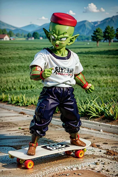 (8k, best quality, masterpiece:1.2), (finely detailed),solo, detailed illustration,intricate, a bald 5 years old child piccolo, green skin, black eyes, pink patches,pointy ears, (cargo pants),t-shirt, red cap, (riding a skateboard), at a dirt road in a grassy field