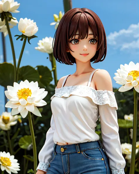 masterpiece, high quality, detailed face, HDR, vivid colors, natural lighting, pretty eyes, beautiful face, 1girl, brown hair, short hair, bob cut, medium breasts, off shoulder, floral print, denim skirt, standing, smile, looking away, (flowers:1.5), tall flowers, dandelion, lotus, (rose), camellia