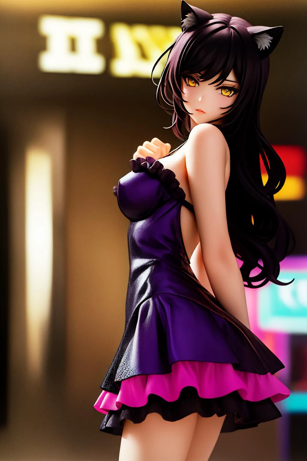 masterpiece:1.2, best quality, <lora:Belladonna:0.8>, Belladonna, cat ears, long hair, medium breasts, black hair, yellow eyes, purple dress, black frills, full body, up close, cyberpunk background, neon lights, blur, cowboy shot, front view, looking at viewer