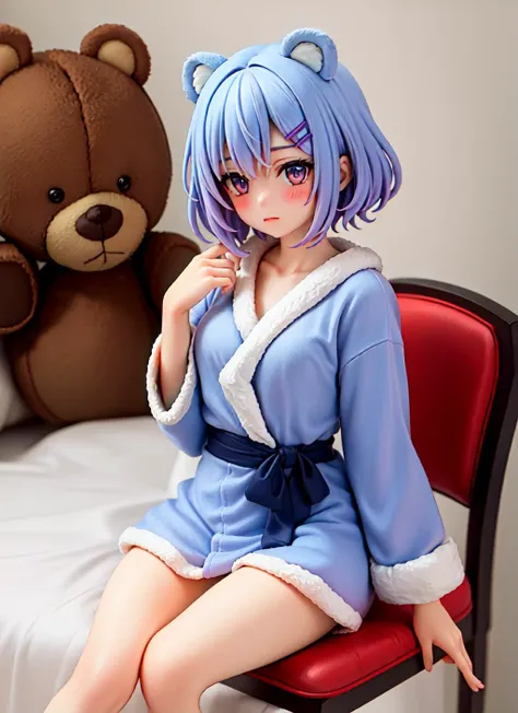 masterpiece, high quality, best quality, beautiful, perfect lighting, detailed face, detailed body, 1 girl, solo, (short blue hair), (purple eyes), ((cute blue short robe)), (cute bear ears), blush, medium breasts, sitting on a chair, bedroom in the background, ((teddy bear in hand)), (fluffy hairpins in her hair),