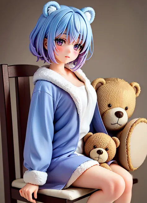 masterpiece, high quality, best quality, beautiful, perfect lighting, detailed face, detailed body, 1 girl, solo, (short blue hair), (purple eyes), ((cute blue short robe)), (cute bear ears), blush, medium breasts, sitting on a chair, bedroom in the background, ((teddy bear in hand)), (fluffy hairpins in her hair),