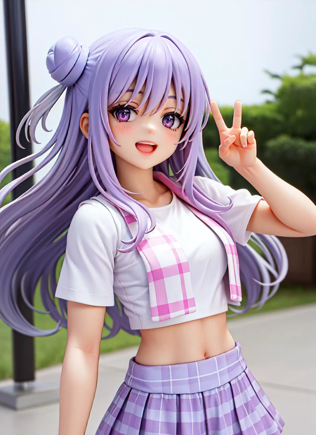 masterpiece, high quality, best quality, beautiful, perfect lighting, detailed face, detailed body, 1 girl, solo, (pink long hair), purple eyes, (white crop top), (pink plaid mini skirt), ((two buns on her head)), smile, open mouth, (squinted eyes), peace sign, park in the background