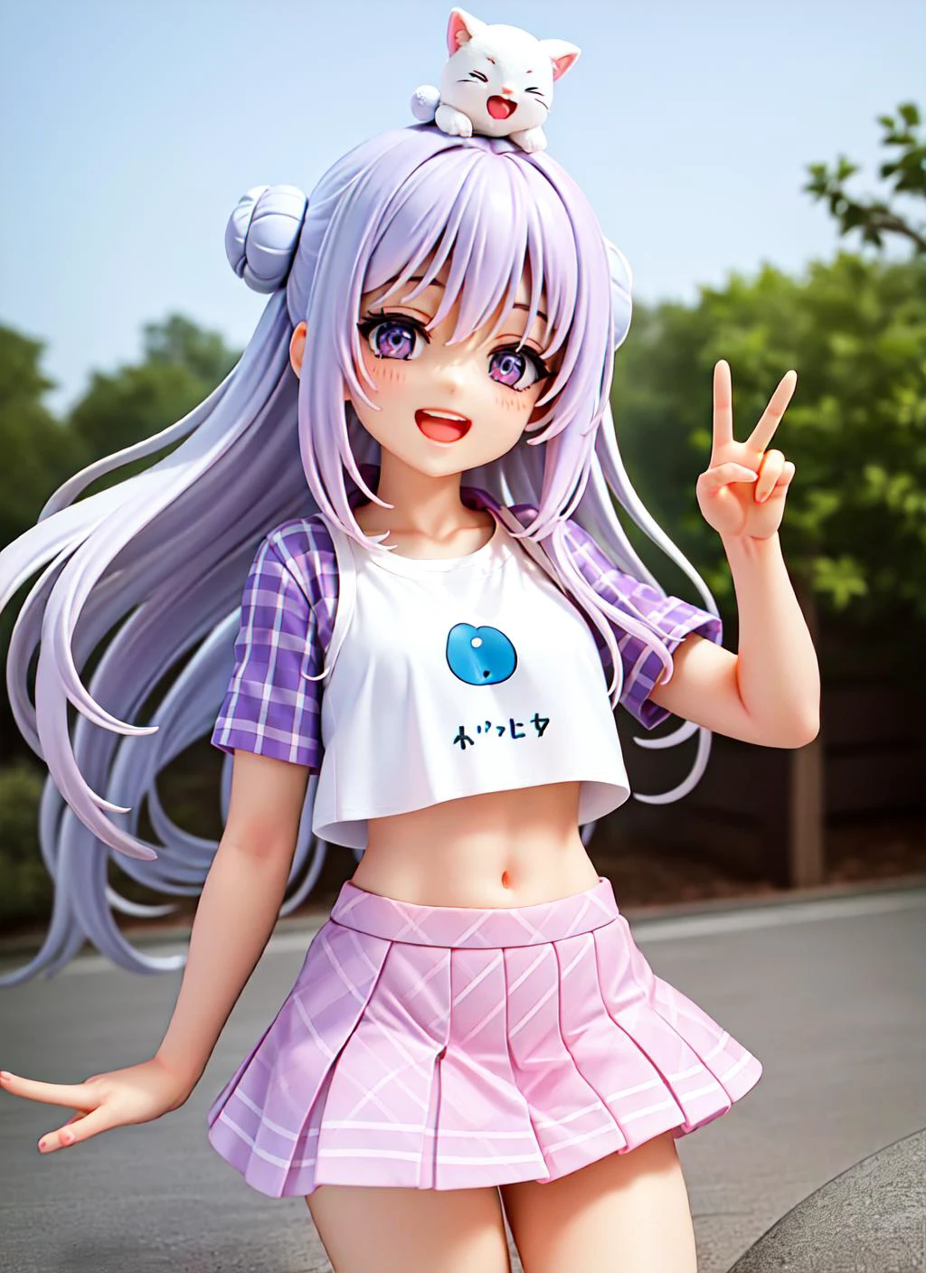 masterpiece, high quality, best quality, beautiful, perfect lighting, detailed face, detailed body, 1 girl, solo, (pink long hair), purple eyes, (white crop top), (pink plaid mini skirt), ((two buns on her head)), smile, open mouth, (squinted eyes), peace sign, park in the background