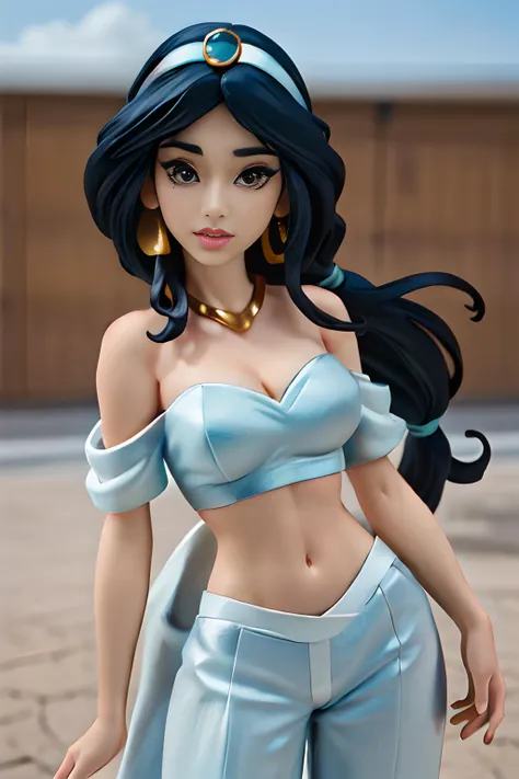 Cartoonized, Jasmine, Disney Princess, black hair, midriff top, solo, detailed, high quality, 4K, athletic figure, 34B breasts, sultry expression, exotic marketplace background with colorful fabrics, intricate architecture, and bustling crowds, warm colors, cleavage visible, nipples slightly visible, живой и правильный и симметричный взгляд