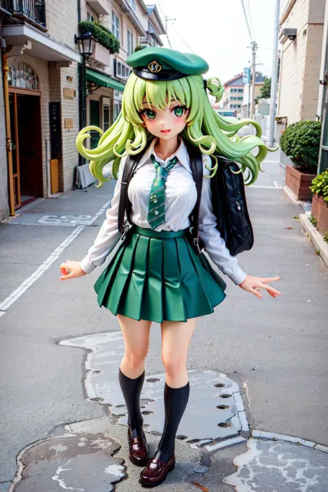 masterpiece, high quality, best quality, beautiful, perfect lighting, detailed face, detailed body, 1 girl, solo, (white long curly hair), ((light green eyes)), white shirt, (green school skirt),( green tie), wind, backpack, (green beret), street