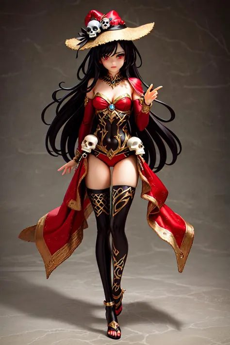 masterpiece, high quality, best quality, (detailed face), long black hair, red eyes, (enchantress hat), ((enchantress clothes)), ((holds skull)), full body