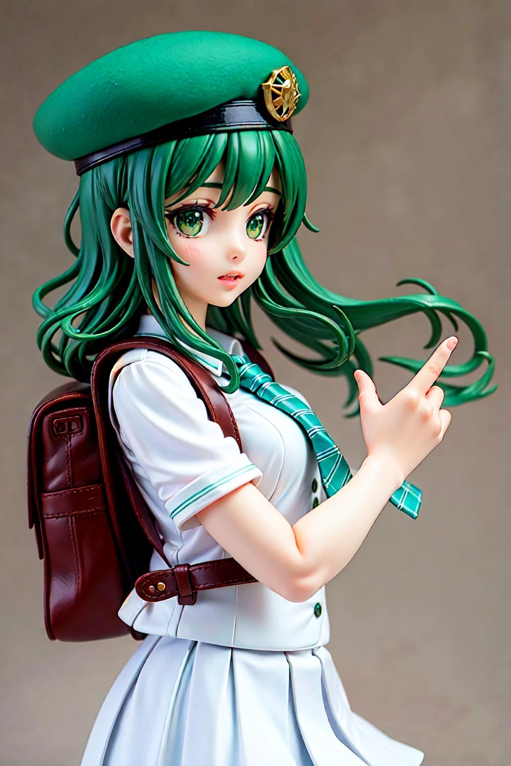 masterpiece, high quality, best quality, beautiful, perfect lighting, detailed face, detailed body, 1 girl, solo, (white long curly hair), ((light green eyes)), white shirt, (green school skirt),( green tie), wind, backpack, (green beret), street