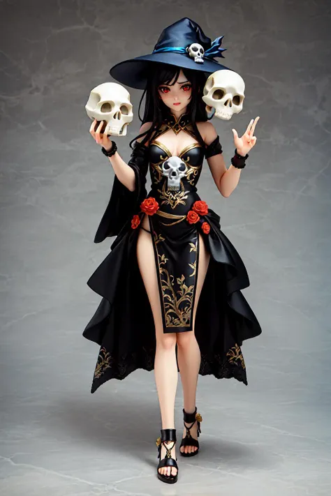 masterpiece, high quality, best quality, (detailed face), long black hair, red eyes, (enchantress hat), ((enchantress clothes)), ((holds skull)), full body