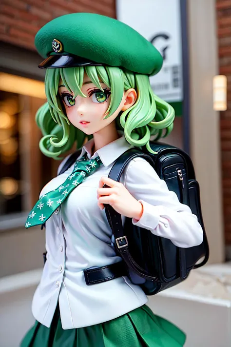 masterpiece, high quality, best quality, beautiful, perfect lighting, detailed face, detailed body, 1 girl, solo, (white long curly hair), ((light green eyes)), white shirt, (green school skirt),( green tie), wind, backpack, (green beret), street