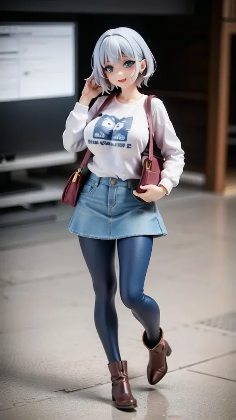 masterpiece, high quality, best quality, beautiful, perfect lighting, detailed face, detailed body, young woman running towards viewer, laughing, feisty, ((Young woman), (short woman), silver-colored hair, (page boy cut), expressive blue eyes, (gigantic breasts), (long-sleeve t-shirt with the words "sugoi dekai" printed on the front), (short light blue denim skirt:1.3), (opaque black leggings), (mini brown boots)), wind, street, dynamic lighting, volumetric lighting, high detail, movie still, cinematic, 4K 8K, cinestill, depth of field, breathtaking, national geographic, magestic, elegant, beautiful, grimmer, emotional, atmospheric, sensual form, erotic, intimate, healthy skin, sexy, sigma 35mm, sharp focus