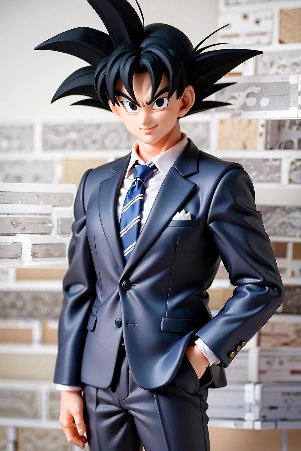 masterpiece, best quality, solo,anime coloring, a cowboy shot of a goku with black hair and black eyes,(grey tweed suit),necktie, brick building<lora:sonGokuLora_offset:0.6> <lyco:GoodHands-beta2:1.0>, hands in pockets,smile