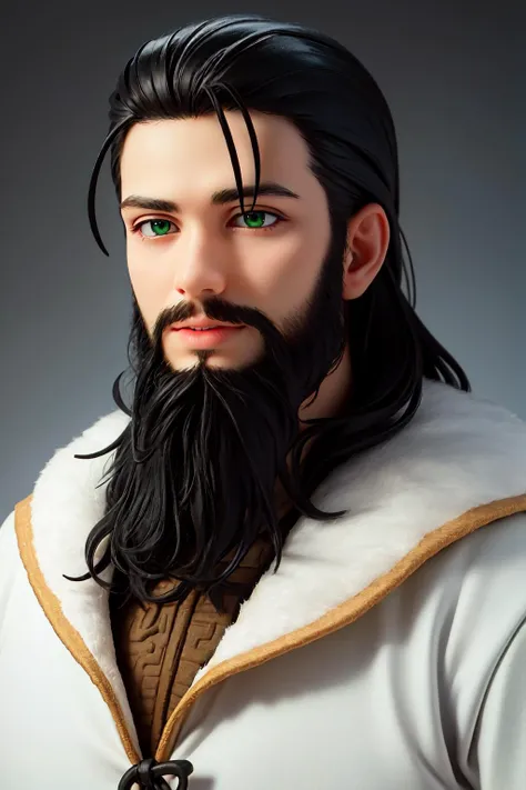 masterpiece, high quality, best quality, beautiful, hd, realistic, perfect lighting, detailed face, detailed body, 1 man, solo, black hair, green eyes, black long beard, viking clothes, (viking), winter background,