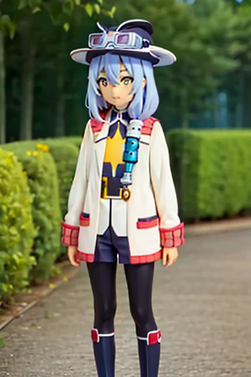 (2d:1.2), wide shot, (dynamic angle:1.1), outline, ((thick lineart)), cover, stylish, official art, (details:1.2), glow:0.2, shadow, nature, garden, (depth of field), sharp focus, (volumetric lighting), (bokeh:0.6), film grain:0.4, day, (soft lighting:1.1), eeugg, full body, blue hair, long hair, goggles, goggles on headwear, hair between eyes, candy, lollipop, yellow eyes, bangs, jacket, labcoat, white jacket, looking at viewer, standing, <lora:Tatoeba_Last_ Dungeon_Eug_00_01:1>
