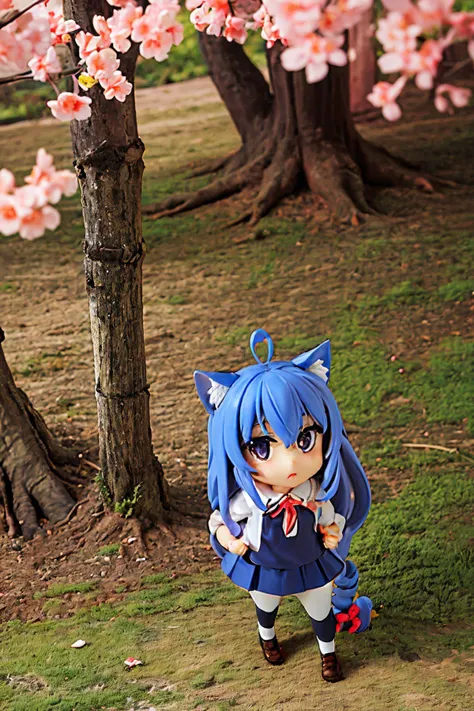 (2d:1.2), wide shot, (dynamic angle:1.1), outline, ((thick lineart)), cover, stylish, official art, (details:1.2), (fantasy), garden, (bloom:1.1), glow:0.2, shadow, nature, cherry blossoms, particles, (depth of field), sharp focus, (volumetric lighting), (bokeh:0.6), film grain:0.4, (soft lighting:1.1), tzummn, long hair, blue hair, animal ears, purple eyes, cat ears, ahoge, school uniform, looking at viewer, skirt, sweater, cat tail, pantyhose, <lora:Miniwa_Tsumiki_10_01:0.6>