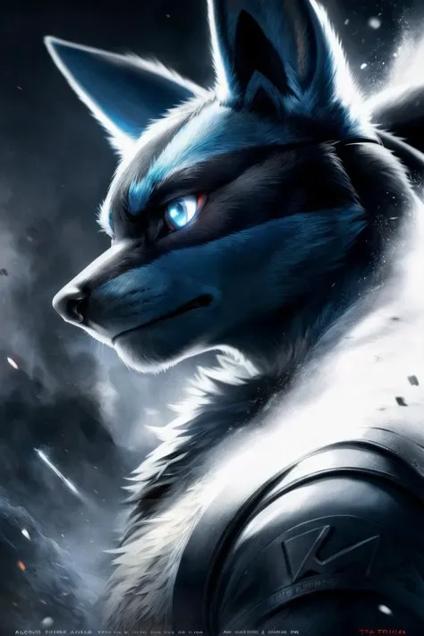 uploaded on e621, night, war, dark:1.8, smoke, swirling light, (by takahirosi:1.2, by cheetahpaws), (tiny fire particles), male, blue eyes, ((lucario, detailed eyes)), (glowing eyes, anthro), fluffy, gloves, detailed face, detailed fur, handsome, <lora:LucarioFRL22nO:1:MIDD>, <lora:add_detail:0.8>, BREAK, (monochrome), action movie poster, side angle, countershading, masterpiece, best quality, intricate, high detail, RAW photo, photorealistic, photorealism, absurd res