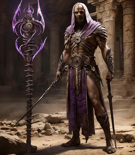 (masterpiece:1.2), (best quality,:1.2), 8k, HDR, ultra detailed, ((photorealistic)), perfect anatomy, professional light, cinematic lighting, fashion photography, ambient lighting,<lora:detail_slider_v4:2>, OverallDetail, (DarkFantasy:0.2), a male! stygian sorcerer, wearing elaborate purple robes, bracers, belt, bald, pointed beard, jewelry, StygAr, <lora:StygianArmor-10:0.67>, holding a staff, standing Stygia, <lora:Stygia-10:0.8>, epiCPhoto