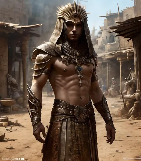 (masterpiece:1.2), (best quality,:1.2), 8k, HDR, ultra detailed, ((photorealistic)), perfect anatomy, professional light, cinematic lighting, fashion photography, ambient lighting,<lora:detail_slider_v4:2>, OverallDetail, (DarkFantasy:0.1), a male stygian warrior, wearing intricate armor, bracers, belt, headdress, jewelry, cape, StygAr, <lora:StygianArmor-10:0.7>, standing a small village in Stygia, <lora:Stygia-10:0.8>, epiCPhoto