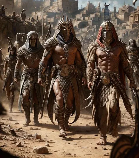 (masterpiece:1.2), (best quality,:1.2), 8k, HDR, ultra detailed, ((photorealistic)), perfect anatomy, professional light, cinematic lighting, fashion photography, ambient lighting,<lora:detail_slider_v4:2>, OverallDetail, (DarkFantasy:0.2), a male stygian king guard, wearing intricate armor, bracers, belt, headdress, jewelry, cape, StygAr, <lora:StygianArmor-10:0.7>, standing a small village in Stygia, <lora:Stygia-10:0.8>, epiCPhoto