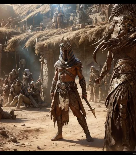 (masterpiece:1.2), (best quality,:1.2), 8k, HDR, ultra detailed, ((photorealistic)), perfect anatomy, professional light, cinematic lighting, fashion photography, ambient lighting,<lora:detail_slider_v4:2>, OverallDetail, (DarkFantasy:0.1), a male stygian warrior, wearing intricate armor, bracers, belt, headdress, jewelry, cape, StygAr, <lora:StygianArmor-10:0.7>, standing a small village in Stygia, <lora:Stygia-10:0.8>, epiCPhoto