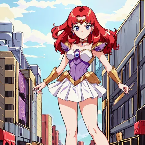 <lora:Scarlet_Ohara-10:0.8>outdoor,masterpeace,high quality,Scarlet_Ohara, 1girl, solo,blue eyes,jewelry, red hair, choker, miniskirt, white skirt,armor, high heels, white skirt, shoulder armor, pauldrons, purple thighlet, forehead,gold guntlet,gold tiara