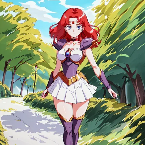 <lora:Scarlet_Ohara-10:1>outdoor,masterpeace,high quality,Scarlet_Ohara, 1girl, solo,blue eyes,jewelry, red hair, choker, miniskirt, white skirt,armor, high heels, white skirt, shoulder armor, pauldrons, purple thighlet, forehead