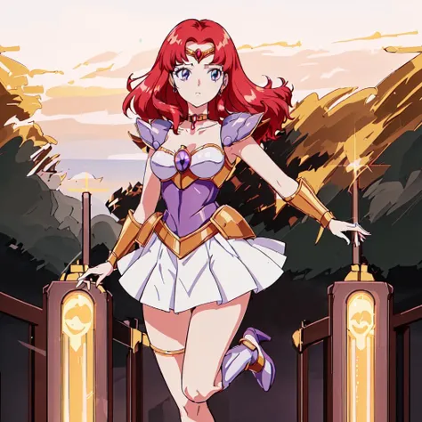 <lora:Scarlet_Ohara-10:0.8>outdoor,masterpeace,high quality,Scarlet_Ohara, 1girl, solo,blue eyes,jewelry, red hair, choker, miniskirt, white skirt,armor, high heels, white skirt, shoulder armor, pauldrons, purple thighlet, forehead,gold guntlet,gold tiara