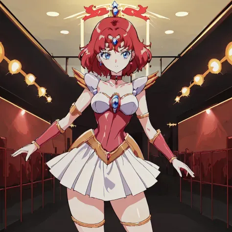 <lora:Scarlet_Ohara-10:1>masterpeace,high quality,Scarlet_Ohara, 1girl, solo,blue eyes,jewelry, red hair, short hair,choker, miniskirt, armor, high heels, white skirt, shoulder armor, pauldrons, thighlet, gold tiara