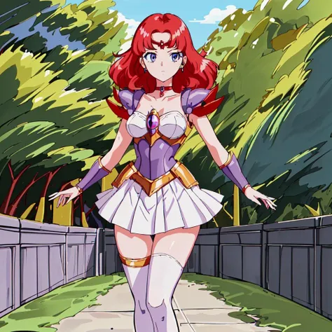 <lora:Scarlet_Ohara-10:0.8>outdoor,masterpeace,high quality,Scarlet_Ohara, 1girl, solo,blue eyes,jewelry, red hair, choker, miniskirt, white skirt,armor, high heels, white skirt, shoulder armor, pauldrons, purple thighlet, forehead,gold guntlet