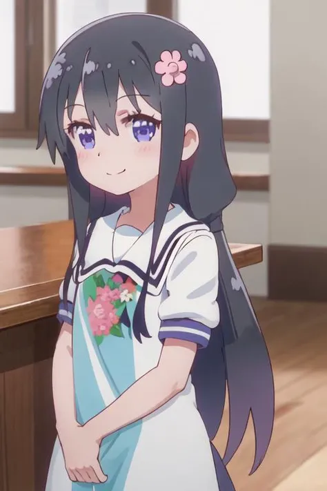 best quality, masterpiece, highres, solo, {hana_shirosaki_watashinitenshigamaiorita:1.15}, black_hair, long_hair, bangs, blush, blue_eyes, hair_between_eyes, hair_ornament, closed_mouth, flower, hair_flower, pink_flower, 1girl, aged_down, blurry_background, child, female_child, green_shirt, medium_hair, purple_eyes, shirt, upper_body, wooden_floor, blurry, indoors, short_sleeves, smile