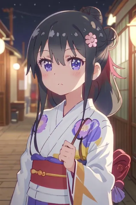 best quality, masterpiece, highres, solo, {hana_shirosaki_watashinitenshigamaiorita:1.15}, black_hair, long_hair, bangs, blush, blue_eyes, hair_between_eyes, hair_ornament, closed_mouth, flower, hair_flower, pink_flower, japanese_clothes, kimono, sidelocks, upper_body, 1girl, print_kimono, single_hair_bun, blurry, blurry_background, hair_bun, outdoors, white_kimono, floral_print, looking_at_viewer, yukata, purple_eyes, night