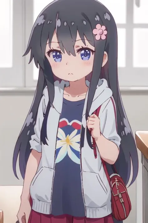 best quality, masterpiece, highres, solo, {hana_shirosaki_watashinitenshigamaiorita:1.15}, black_hair, long_hair, bangs, blush, blue_eyes, hair_between_eyes, hair_ornament, closed_mouth, flower, hair_flower, pink_flower, 1girl, collarbone, hood, hoodie, jacket, shirt, upper_body, child, female_child