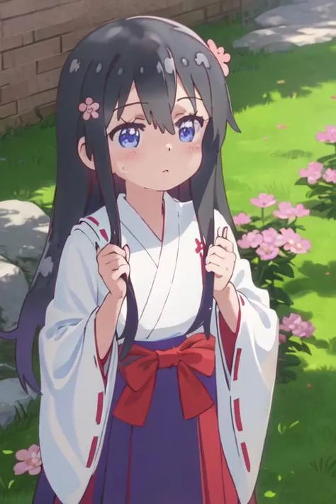 best quality, masterpiece, highres, solo, {white kimono:1.35}, {red hakama:1.35}, {wide sleeves:1.20}, {hana_shirosaki_watashinitenshigamaiorita:1.15}, black_hair, long_hair, bangs, blush, blue_eyes, hair_between_eyes, hair_ornament, closed_mouth, flower, hair_flower, pink_flower